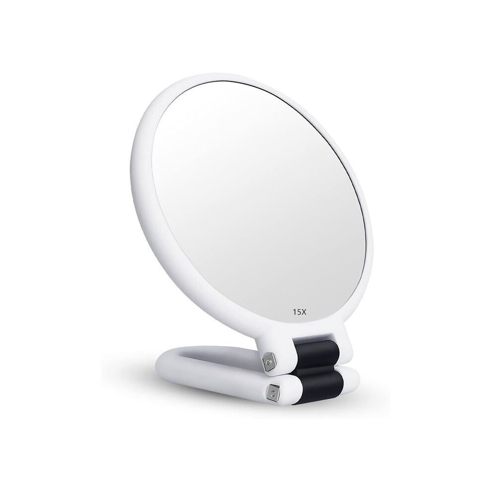 Silver Foldable Double-Sided Makeup Mirror With Handle, 15X Magnification, Desktop Vanity Mirror For Travel And Daily Grooming