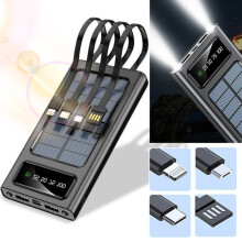 20000mAh Solar Power Bank, 10W USB and Solar Charging, 5 Outputs, SOS Flashlight, Portable External Battery for Phones, Tablets, Camping