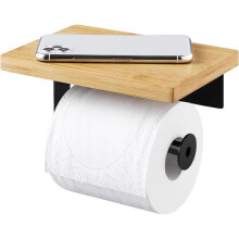 Toiletrolhouder met plank van bamboe en roestvrij staal, zwart, zelfklevend, voor badkamer en wc, ruimtebesparend en stijlvol