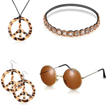 (A) Hippie Leopard Print Peace Symbol Earrings & Necklace Set, Retro Party Props Decor