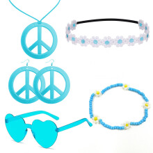 (Light Blue Series) 60s Hippie Halloween Set: Carnival Headband Glasses & Anti-War Necklace 5-Piece Kit