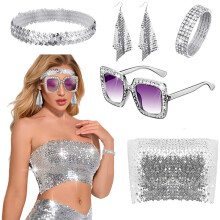 (Silver) 1970s Disco Women's Sequin Earrings Strapless Sunglasses Bracelet Headband Set