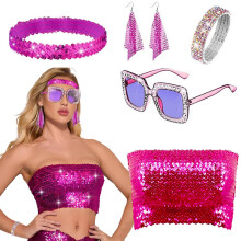 (Magenta) 1970s Disco Women's Sequin Earrings Strapless Sunglasses Bracelet Headband Set