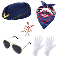(Flight Attendant Style (Navy Blue 5-Piece Set)) Halloween Flight Attendant Captain Costume Set for Masquerade Party & Role Play Cosplay
