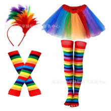 (C) Rainbow Tutu Skirt Feather Headband Striped Sock Set Party Performance Cosplay Costume Accessories