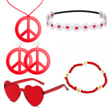 (Red Series) 60s Hippie Halloween Set: Carnival Headband Glasses & Anti-War Necklace 5-Piece Kit