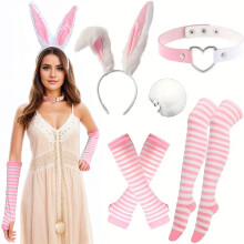 (Pink and White) Halloween Easter Cosplay Rabbit Ears Headband, Collar, Gloves, Foot Covers & Tail Costume Set