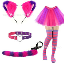 (Magenta Purple A) Halloween Cute Cat Cosplay Set: Cat Ears Headband, Paw Gloves & Tail Accessories