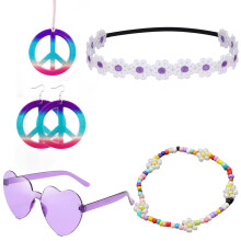(Purple Series) 60s Hippie Halloween Set: Carnival Headband Glasses & Anti-War Necklace 5-Piece Kit