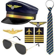 (Dark Blue Captain 7-Piece Set) Halloween Pilot Hat Costume Set with Captain Hat, Epaulettes, Glasses & Tie Role-Play Kit