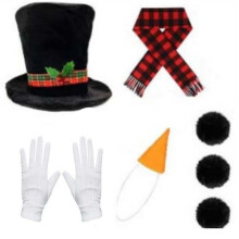 (Style 7) Christmas Snowman Costume Hat Set with Red Scarf, Nose, Gloves & Black Felt Top Hat