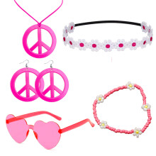 (Magenta Series) 60s Hippie Halloween Set: Carnival Headband Glasses & Anti-War Necklace 5-Piece Kit