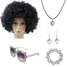 (Black Wig Set) 70s Disco Laser Ball Jewelry Set: Necklace, Earrings, Bracelet, Sequin Headband & Sunglasses