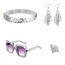 (Silver 1) 70s Disco Jewelry Set: Sequin Scarf, Sunglasses, Diamond Bracelet & Earrings for Women