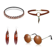 (Set 5) Hippie Bohemian Turquoise Earrings & Vintage Leather Necklace Set with Glasses Accessories