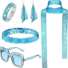 (Light Blue) 70s Disco Jewelry Set: Sequin Scarf, Sunglasses, Diamond Bracelet & Earrings for Women