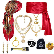 (Red twelve-piece set) Halloween Pirate Costume Set: Headscarf, Belt, Necklace & Bracelet for Cosplay Ball
