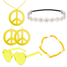 (Yellow Series) 60s Hippie Halloween Set: Carnival Headband Glasses & Anti-War Necklace 5-Piece Kit