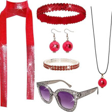 (Red) 1970s Disco Women's Costume Accessories Set: Sequin Headband, Sunglasses, Necklace, Earrings & Scarf