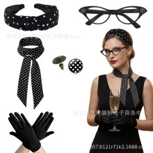 (Black, 5-piece set) Vintage 1950s Retro 5-Piece Set: Polka Dot Silk Scarf, Headband, Glasses, Gloves & Earrings for Cosplay Party