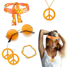 (Orange Headscarf Style) 60s Hippie Halloween Set: Carnival Headband Glasses & Anti-War Necklace 5-Piece Kit
