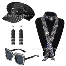 (Black 4-piece set) 70s 80s Disco Party Sequin Hat Sunglasses Earrings Costume Accessory Set
