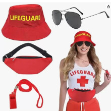 (Set 5) Summer Beach Party Lifeguard Set: Sun Hat, Whistle, Waist Bag & Sunglasses Kit