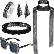 (Black) 70s Disco Jewelry Set: Sequin Scarf, Sunglasses, Diamond Bracelet & Earrings for Women