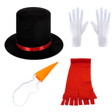 (Style1) Christmas Snowman Costume Hat Set with Red Scarf, Nose, Gloves & Black Felt Top Hat