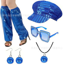 (Blue 5-piece set) 70s 80s Disco Party Sequin Hat Sunglasses Earrings Costume Accessory Set