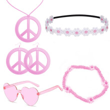(Pink Series) 60s Hippie Halloween Set: Carnival Headband Glasses & Anti-War Necklace 5-Piece Kit