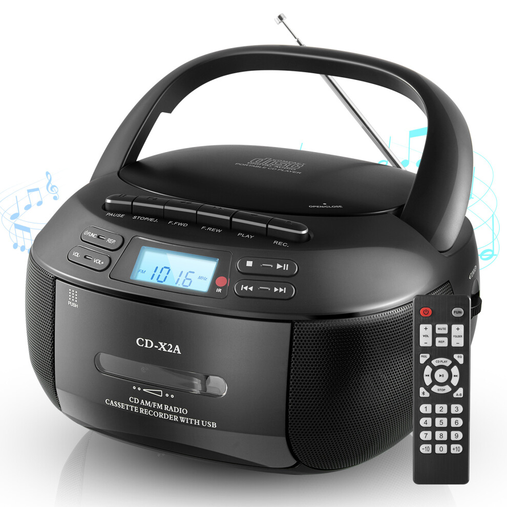 (, Australian Standard) Portable Bluetooth Boombox With Cassette, Cd, Tape, Am/Fm Radio Black 4584695238512