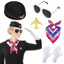 (Flight Attendant Style (Black 5-Piece Set)) Halloween Flight Attendant Captain Costume Set for Masquerade Party & Role Play Cosplay