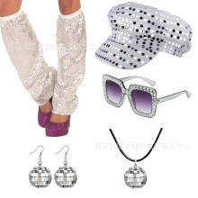 (Silver 5-piece set) 70s 80s Disco Party Sequin Hat Sunglasses Earrings Costume Accessory Set