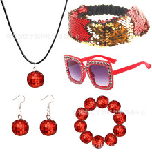 (Red5Piece SetB) 70s Disco Laser Ball Jewelry Set: Necklace, Earrings, Bracelet, Sequin Headband & Sunglasses