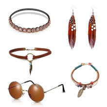 (B) 1960s Hippie Fringe Vest & Feather Earrings Retro Carnival Costume Set
