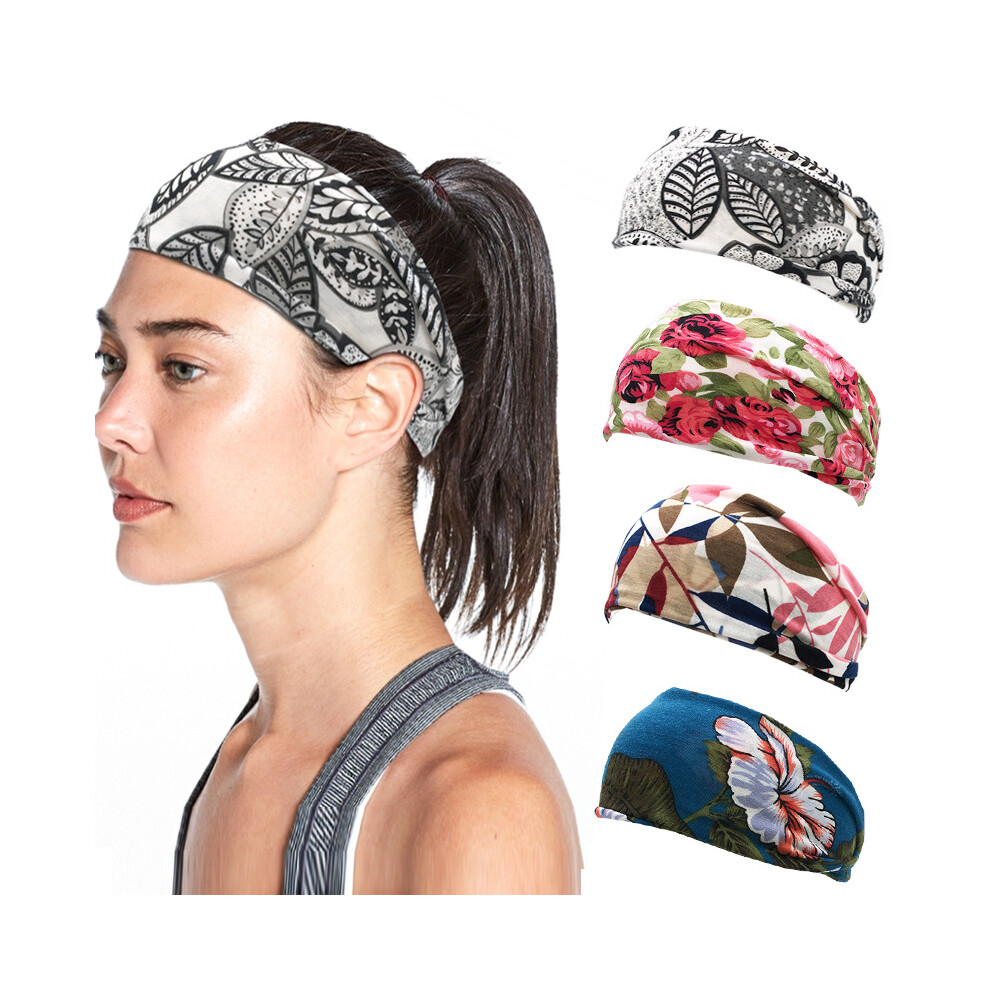 (4 pcs) Printed Sports Headband Yoga Hairband Sweat-Absorbing Wide Headscarf for Women