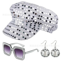 (Silver) 70s 80s Disco Party Sequin Hat Sunglasses Earrings Costume Accessory Set