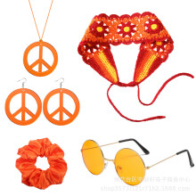 (Orange) Halloween Hippie Peace Symbol Jewelry & Sunglasses Set – Necklace, Earrings, Bracelet, Headband