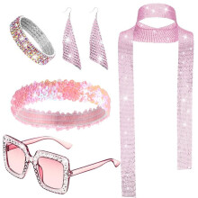 (Pink) 70s Disco Jewelry Set: Sequin Scarf, Sunglasses, Diamond Bracelet & Earrings for Women