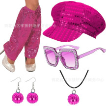 (Fuchsia 5-piece set) 70s 80s Disco Party Sequin Hat Sunglasses Earrings Costume Accessory Set