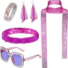 (Fuchsia) 70s Disco Jewelry Set: Sequin Scarf, Sunglasses, Diamond Bracelet & Earrings for Women