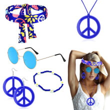 (Cobalt Blue Headscarf Style) 60s Hippie Halloween Set: Carnival Headband Glasses & Anti-War Necklace 5-Piece Kit