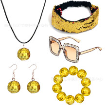 (Gold5Piece SetB) 70s Disco Laser Ball Jewelry Set: Necklace, Earrings, Bracelet, Sequin Headband & Sunglasses