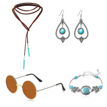 (Set 4) Hippie Bohemian Turquoise Earrings & Vintage Leather Necklace Set with Glasses Accessories