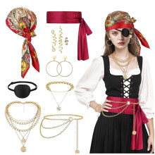 (Red ten-piece set) Halloween Pirate Costume Set: Headscarf, Belt, Necklace & Bracelet for Cosplay Ball