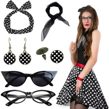 (Black) 1950s Retro Party Costume Set: Cat-Eye Glasses, Polka Dot Headband & Stud Earrings Accessories