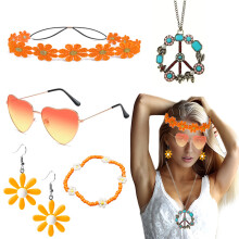 (Orange) Retro Peace Sign Jewelry & Daisy Flower Accessory Set with Glasses