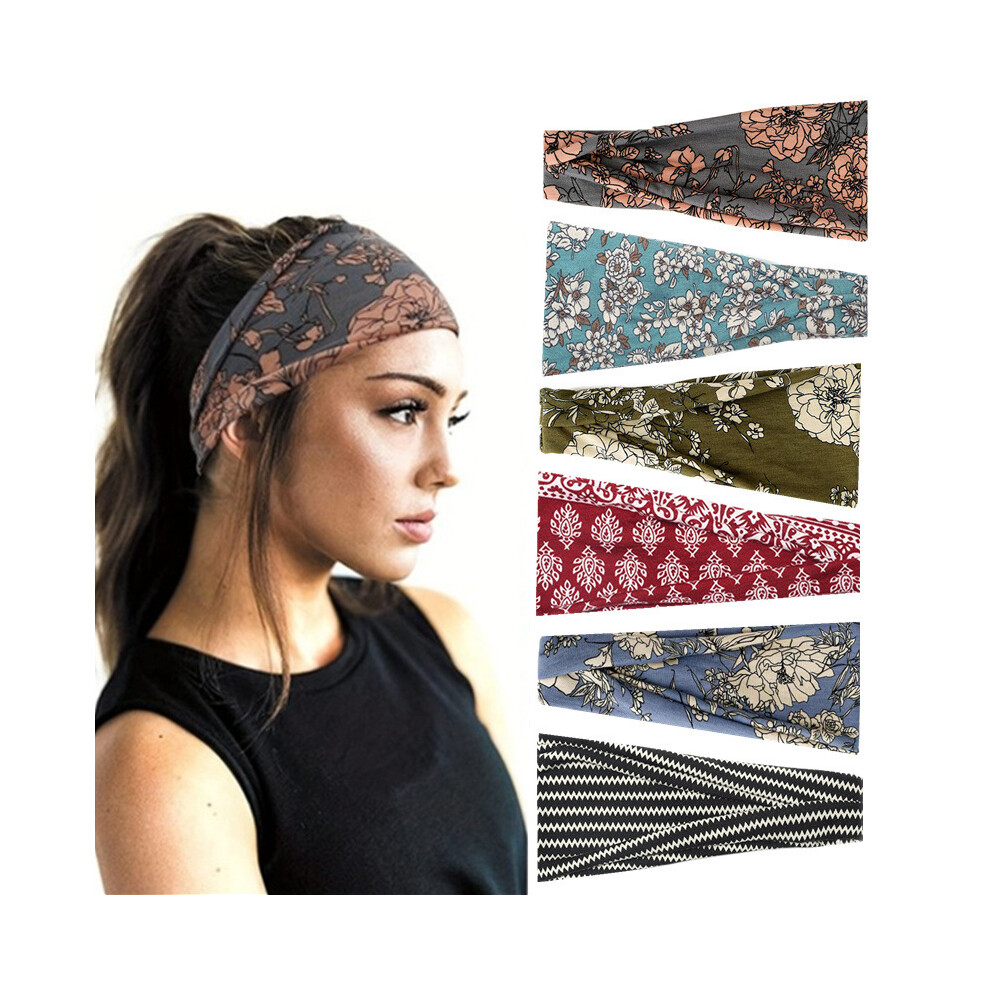 (A) Women's Bohemian Yoga Headband Printed Elastic Scarf Hair Wrap Headwear