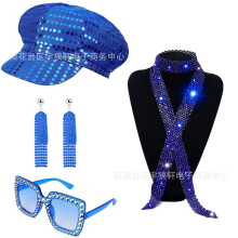 (Blue 4-piece set) 70s 80s Disco Party Sequin Hat Sunglasses Earrings Costume Accessory Set